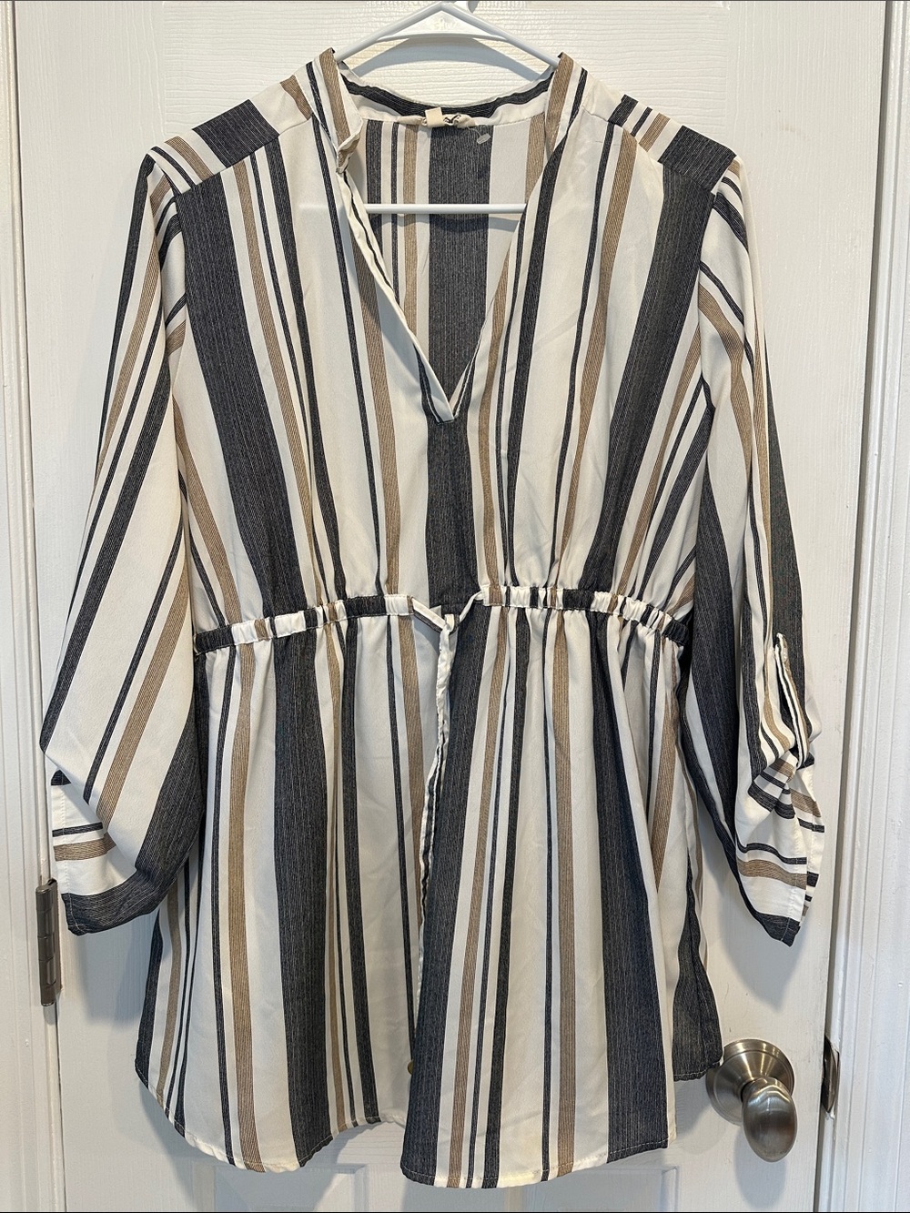 Blush Striped V-Neck Peasant Dress - Black, White & Tan